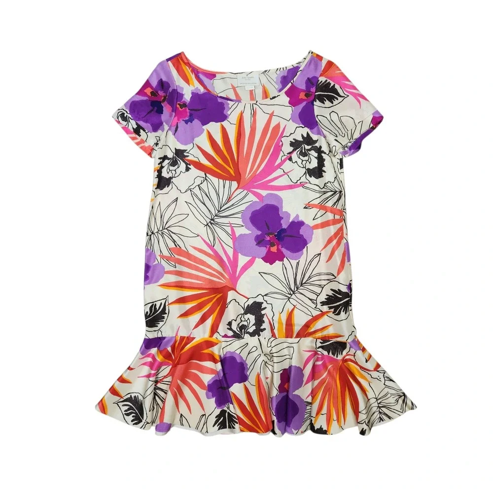 Kate Spade Eliana Silk Tropical Orchid Drop Waist Ruffle Hem‎ Shift Dress Floral